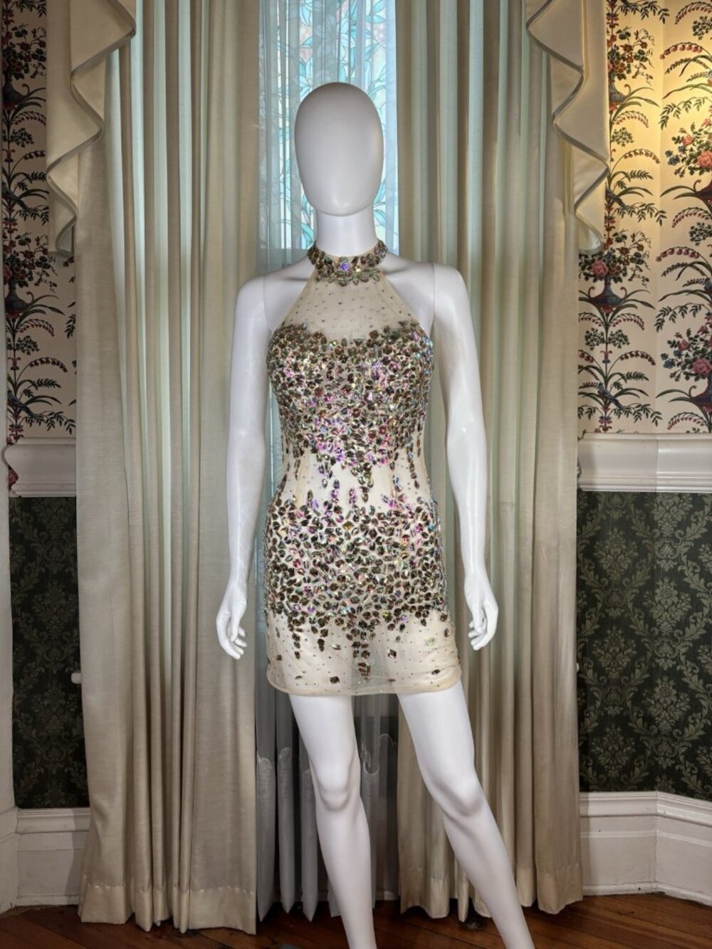 AB Crystal Rhinestone Beaded Nude Mesh Bodycon Dress Diva Vixen Bombshell Y2K